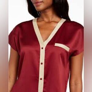 NWT INC 2x Cherry Pie Satin Tuxedo Sparkly Gold Pajama Button Front Top